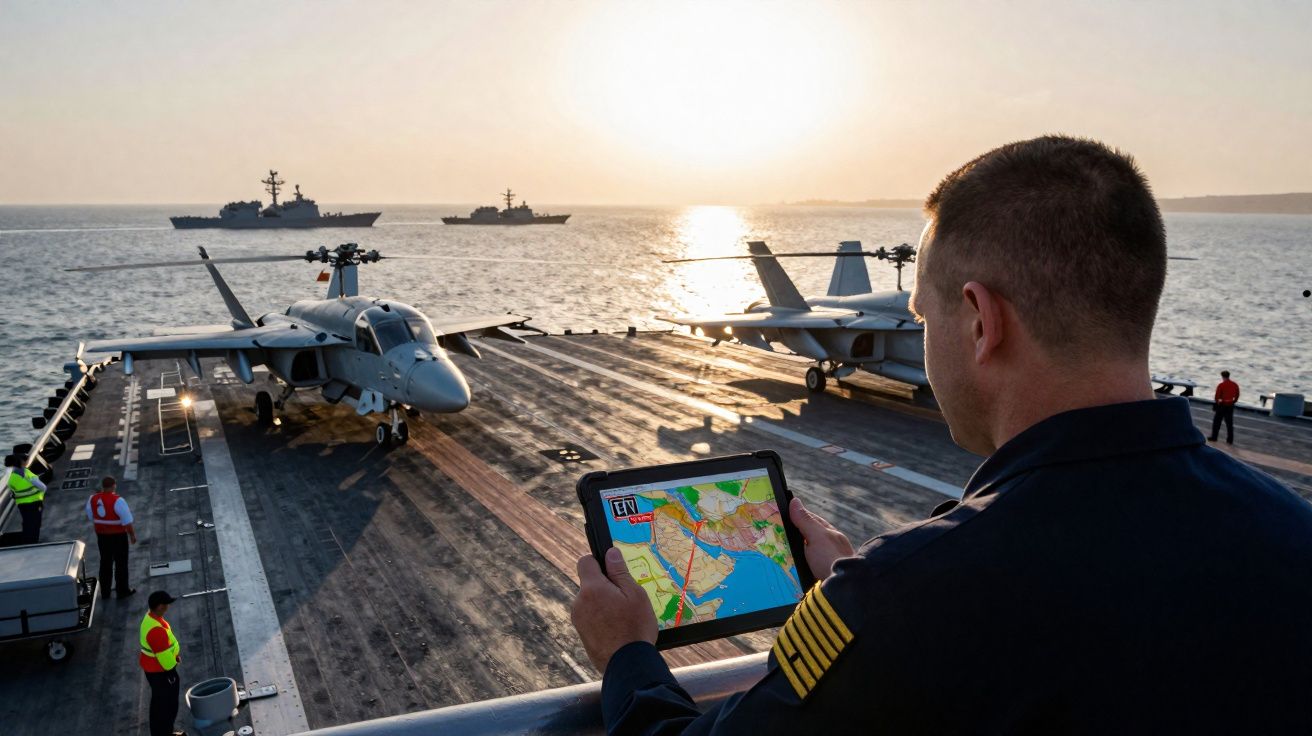 Marinheiro com tablet observa porta-aviões ao pôr do sol, com aviões de combate e pessoal no convés.