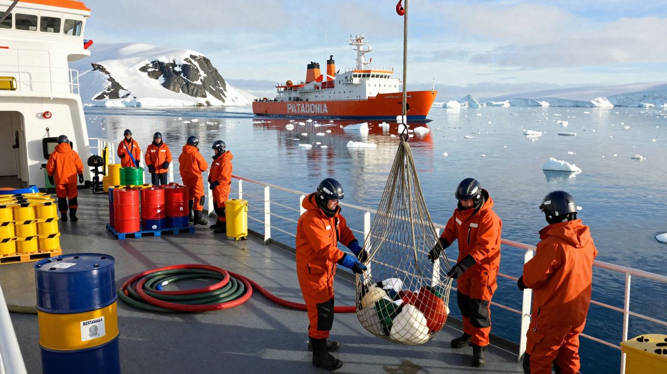 Tripulação em fatos laranja a manusear equipamentos num navio entre blocos de gelo e icebergues no mar gelado.