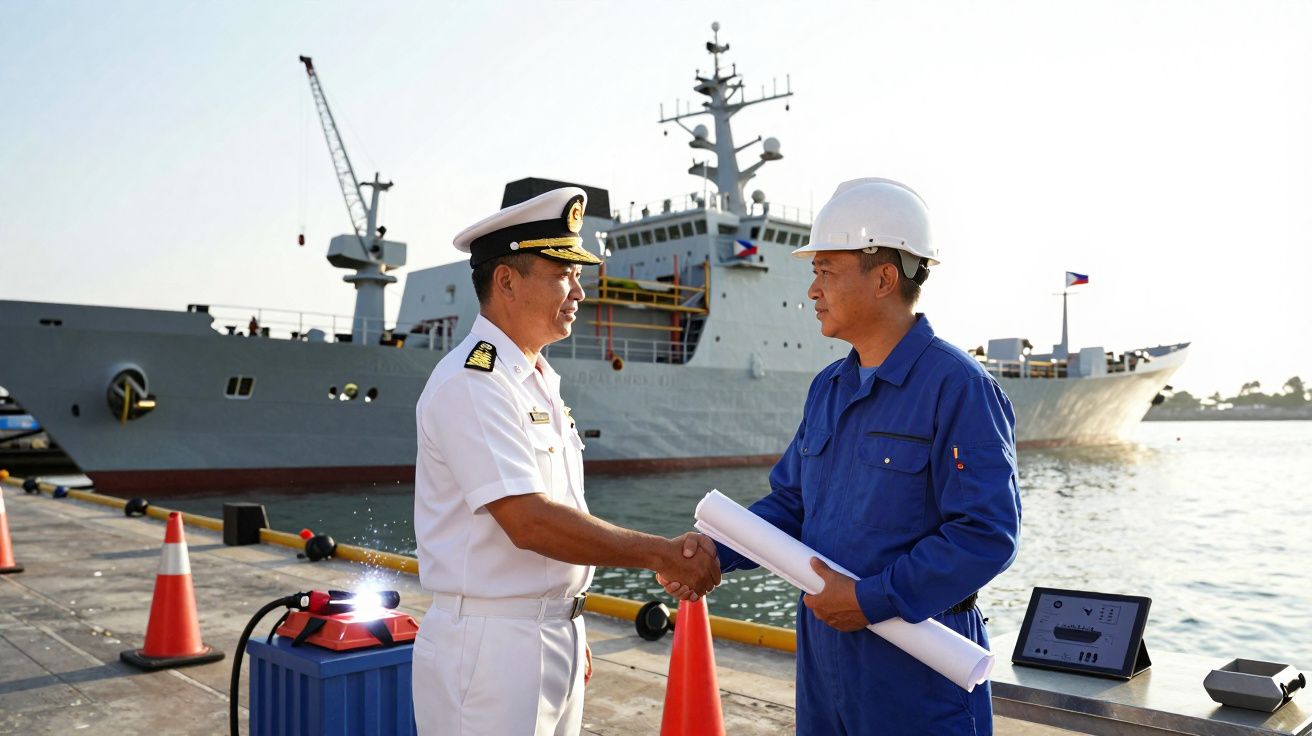 Oficial da marinha e trabalhador em equipamento de proteção cumprimentam-se no cais com navio ao fundo.