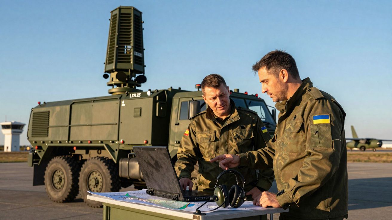 Dois soldados em uniforme militar a analisar mapas e dados num portátil, com veículo militar ao fundo.