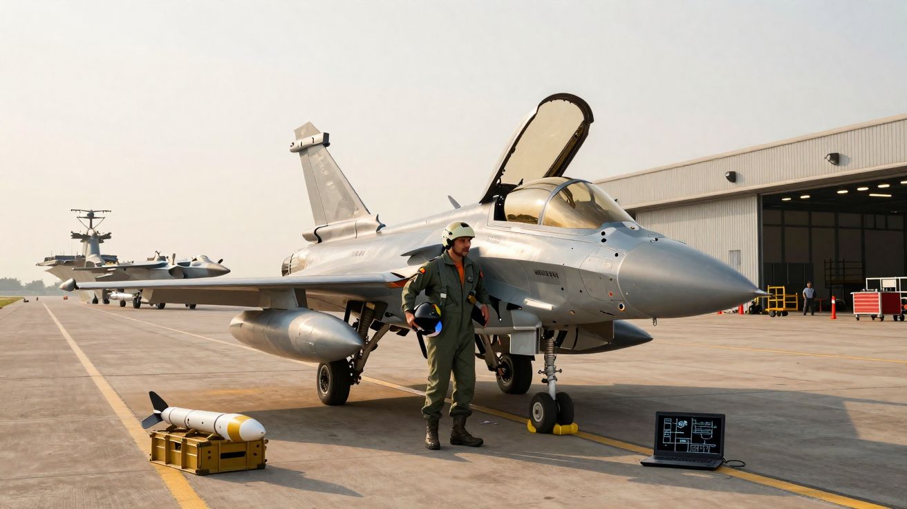 Caça militar estacionado em pista com piloto de uniforme verde, laptop e armamento no chão durante o dia claro.