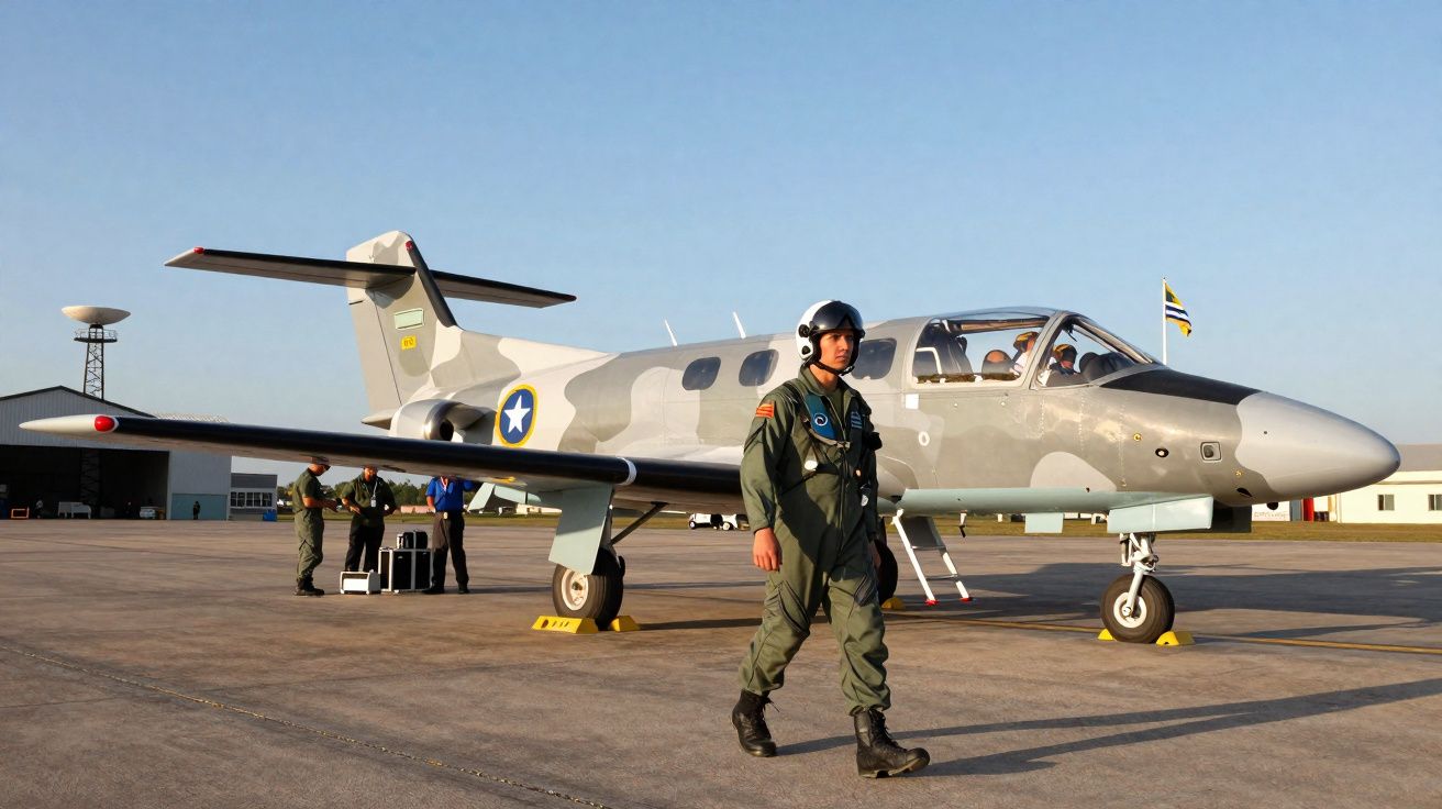 Piloto militar em fato de voo camuflado junto a avião de caça cinzento numa pista de aeroporto militar ao pôr do sol