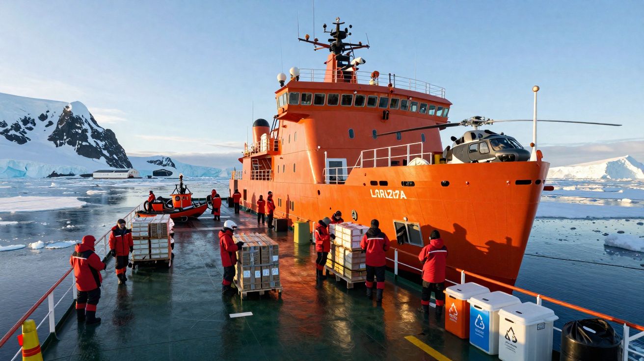 Equipa em coletes vermelhos descarregando caixas do navio de pesquisa Larizza em ambiente gelado e montanhoso.