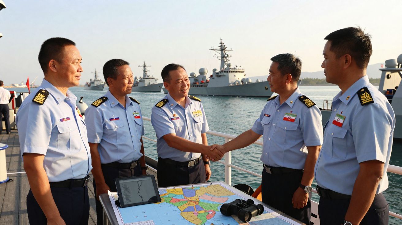 Cinco oficiais navais apertam as mãos junto a uma mesa com mapas e binóculos num convés com navios ao fundo.