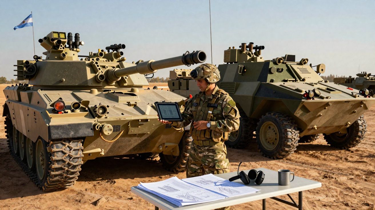 Soldado em uniforme militar junto a veículos blindados em terreno seco com mesa e documentos à frente.