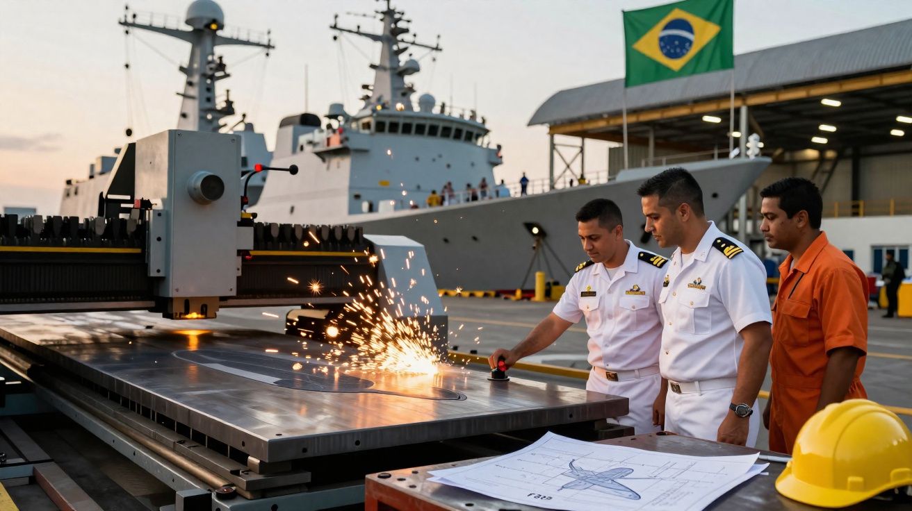Militares brasileiros observam máquina de corte com faíscas na base naval com navios ao fundo e bandeira do Brasil.