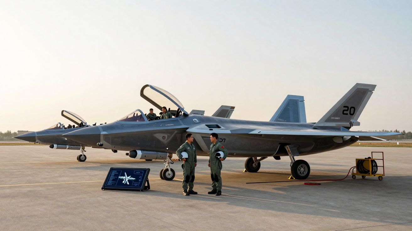 Dois pilotos conversam junto a dois jatos militares estacionados numa pista de descolagem ao entardecer.