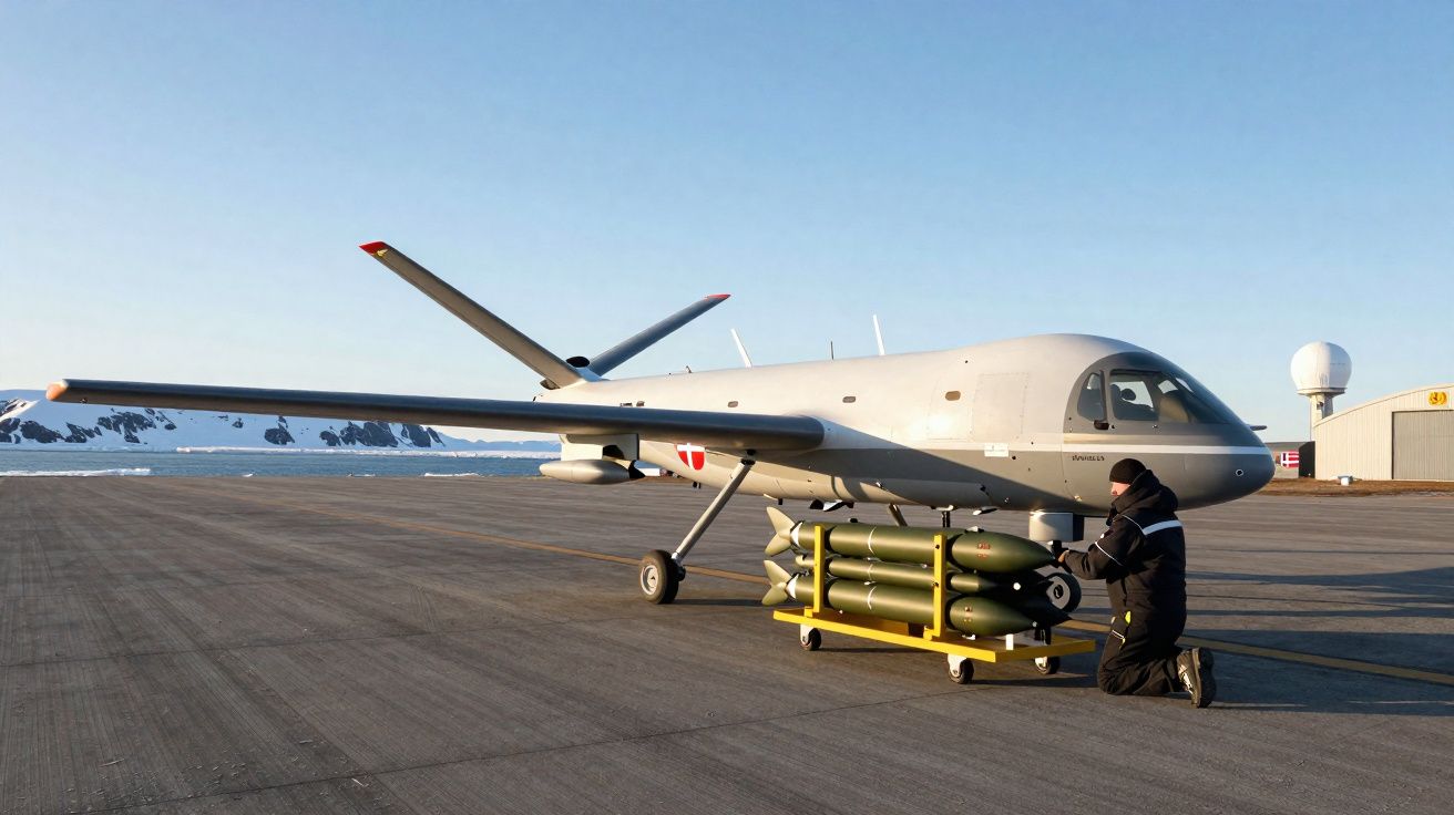 Drone militar cinzento estacionado no solo com pessoa a preparar munições verdes no ártico.