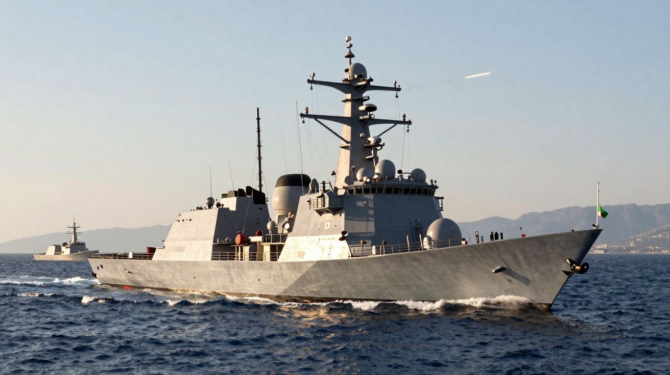 Navio de guerra moderno a navegar em mar calmo com outra embarcação ao fundo e céu limpo.