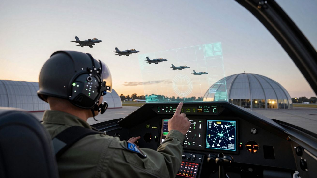 Piloto dentro de avião de caça a controlar voo com cinco aviões em formação ao pôr do sol num aeroporto.