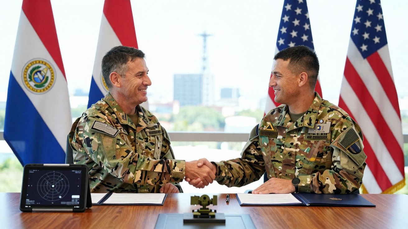 Dois militares em uniforme camuflado apertam as mãos numa mesa com bandeiras do Paraguai e dos Estados Unidos ao fundo.