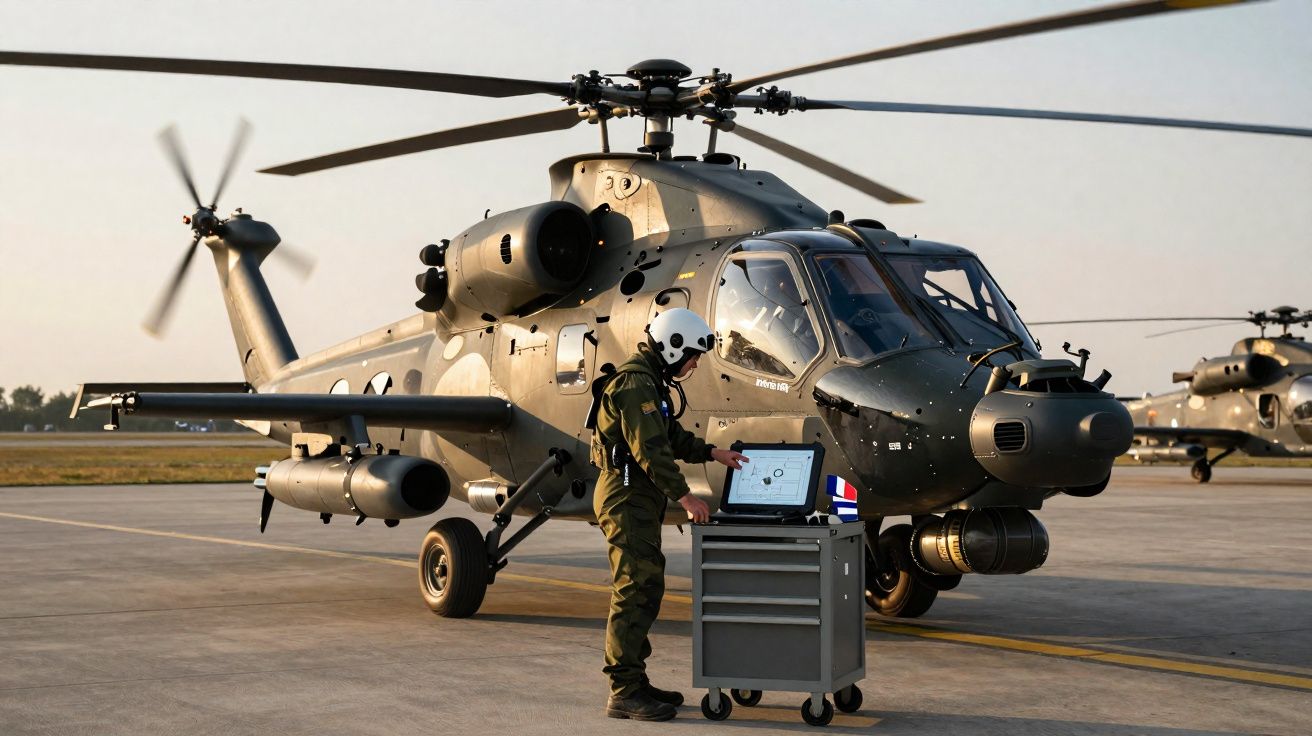 Helicóptero militar estacionado com piloto de capacete a operar equipamento no pátio ao pôr do sol.
