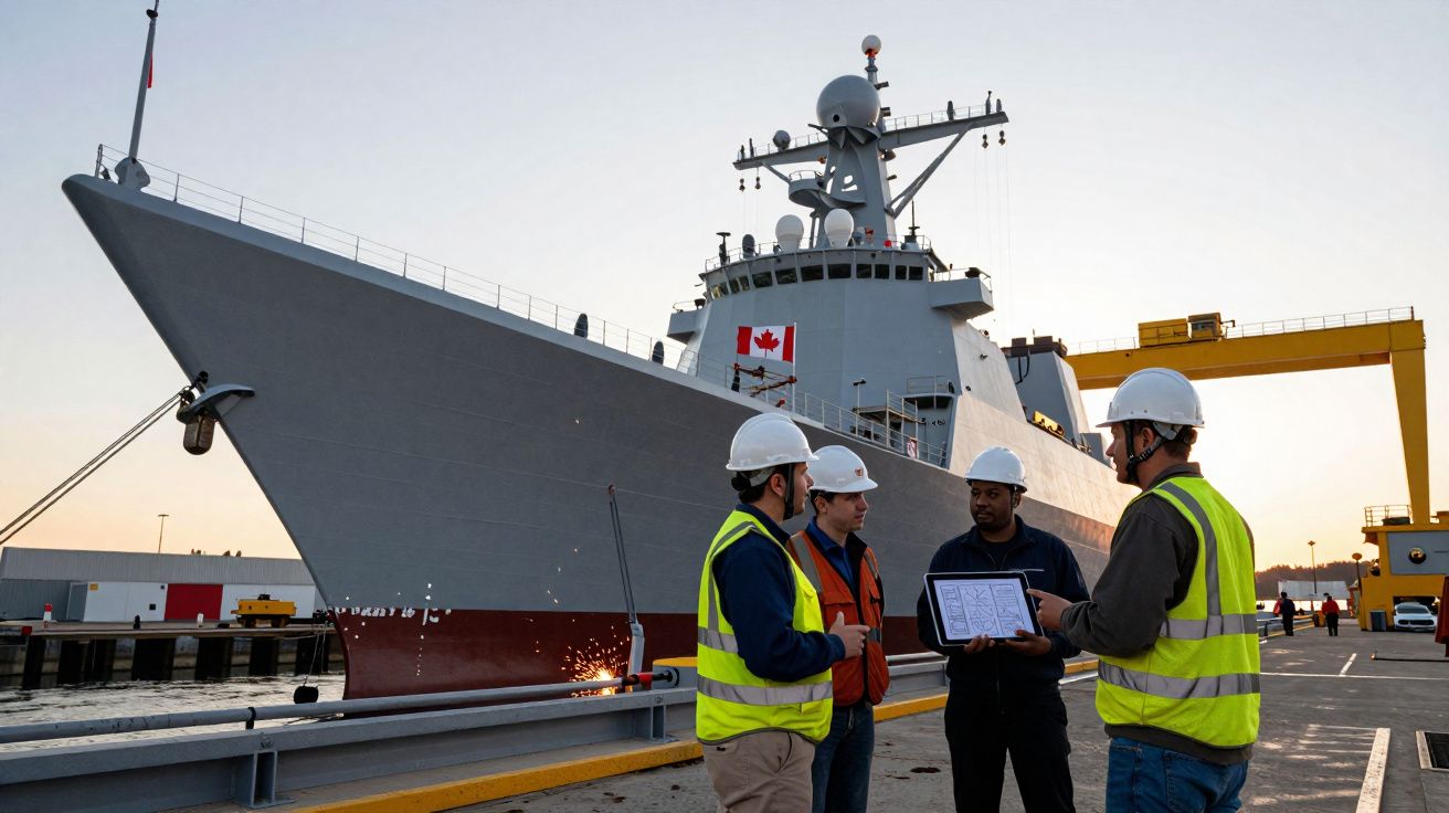 Quatro trabalhadores com coletes e capacetes discutem planos numa doca ao lado de um grande navio militar canadiano.