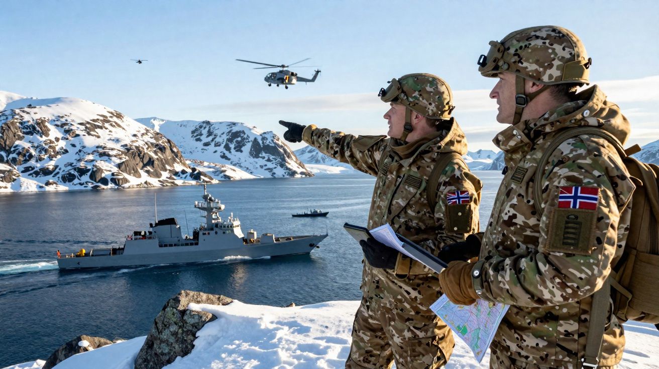 Dois soldados em uniformes camuflados observam navios e um helicóptero numa paisagem gelada com montanhas nevadas.