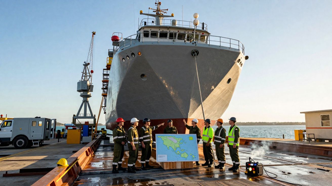 Grupo de trabalhadores em equipamento de segurança a analisar mapa junto a navio no porto ao pôr do sol.