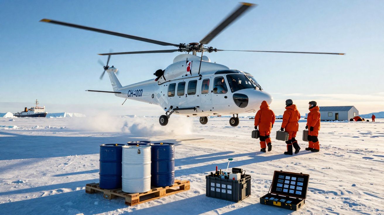 Helicóptero branco a levantar voo numa paisagem gelada com três pessoas de fato laranja a aproximarem-se.