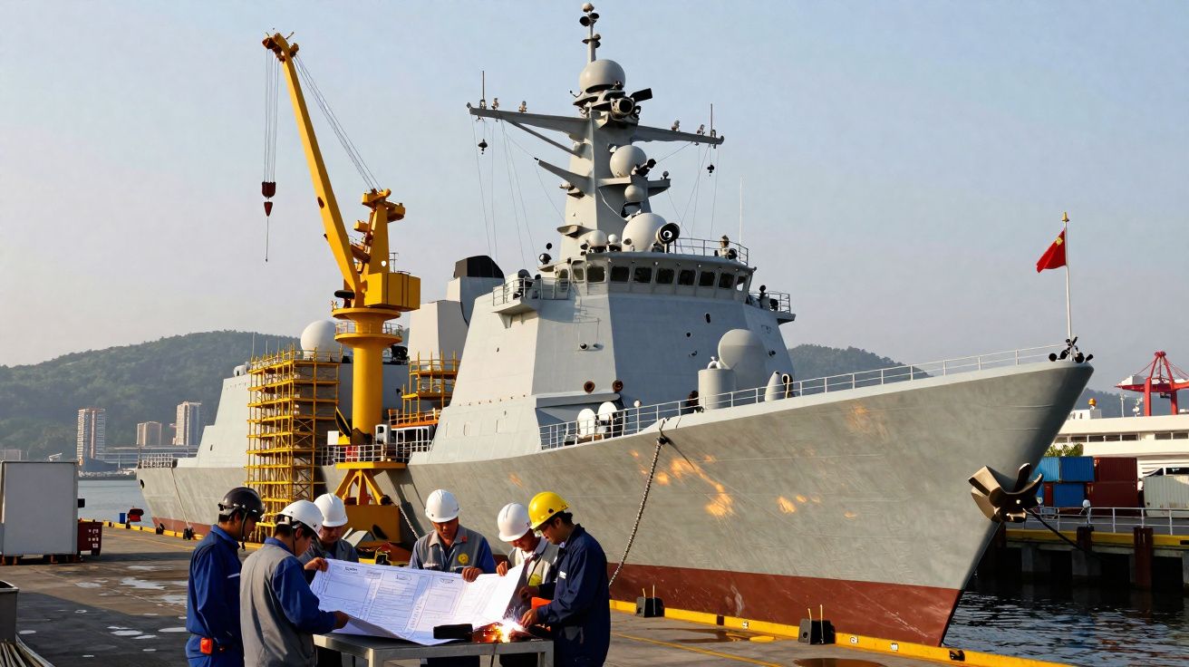 Homens com capacetes analisam desenhos junto a um navio militar atracado num porto industrial.