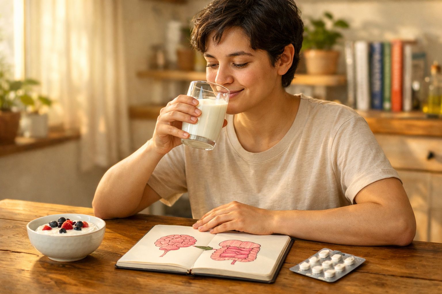 Pessoa jovem a beber leite numa mesa com ilustrações do sistema digestivo, comprimidos e tigela de iogurte com frutos.