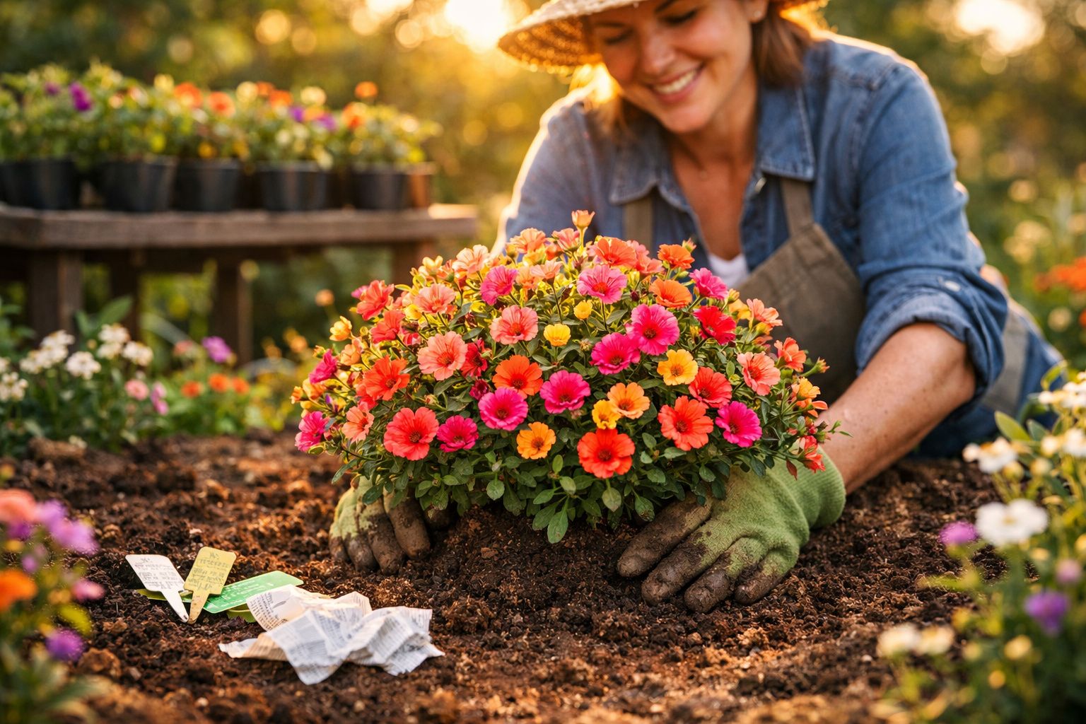 Pessoa a plantar flores coloridas num jardim ao ar livre durante o pôr do sol.