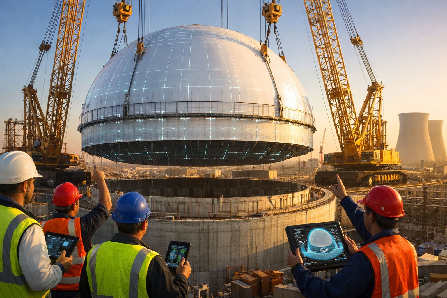 Trabalhadores de construção com capacetes monitorizam a instalação de uma cúpula metálica numa central nuclear.
