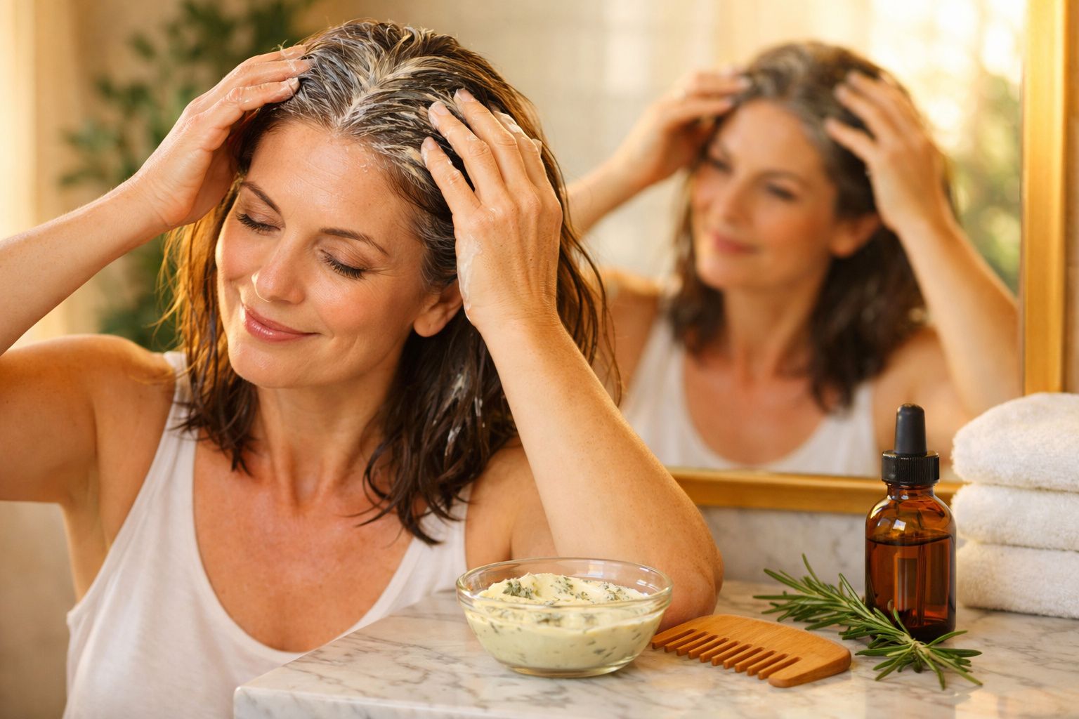 Mulher a aplicar máscara capilar caseira com ingredientes naturais frente a espelho no quarto de banho.