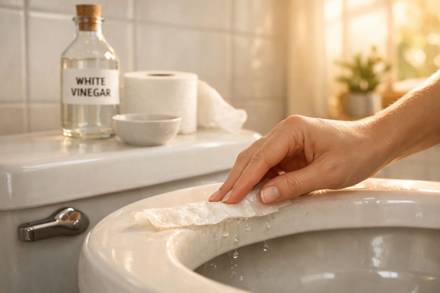 Mão a limpar o assento de uma sanita com papel toalha, garrafa de vinagre branco no fundo.