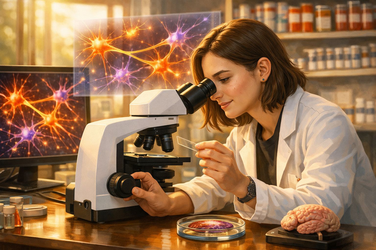 Mulher cientista observa amostra ao microscópio com neurónios no ecrã ao fundo e cérebro numa mesa.
