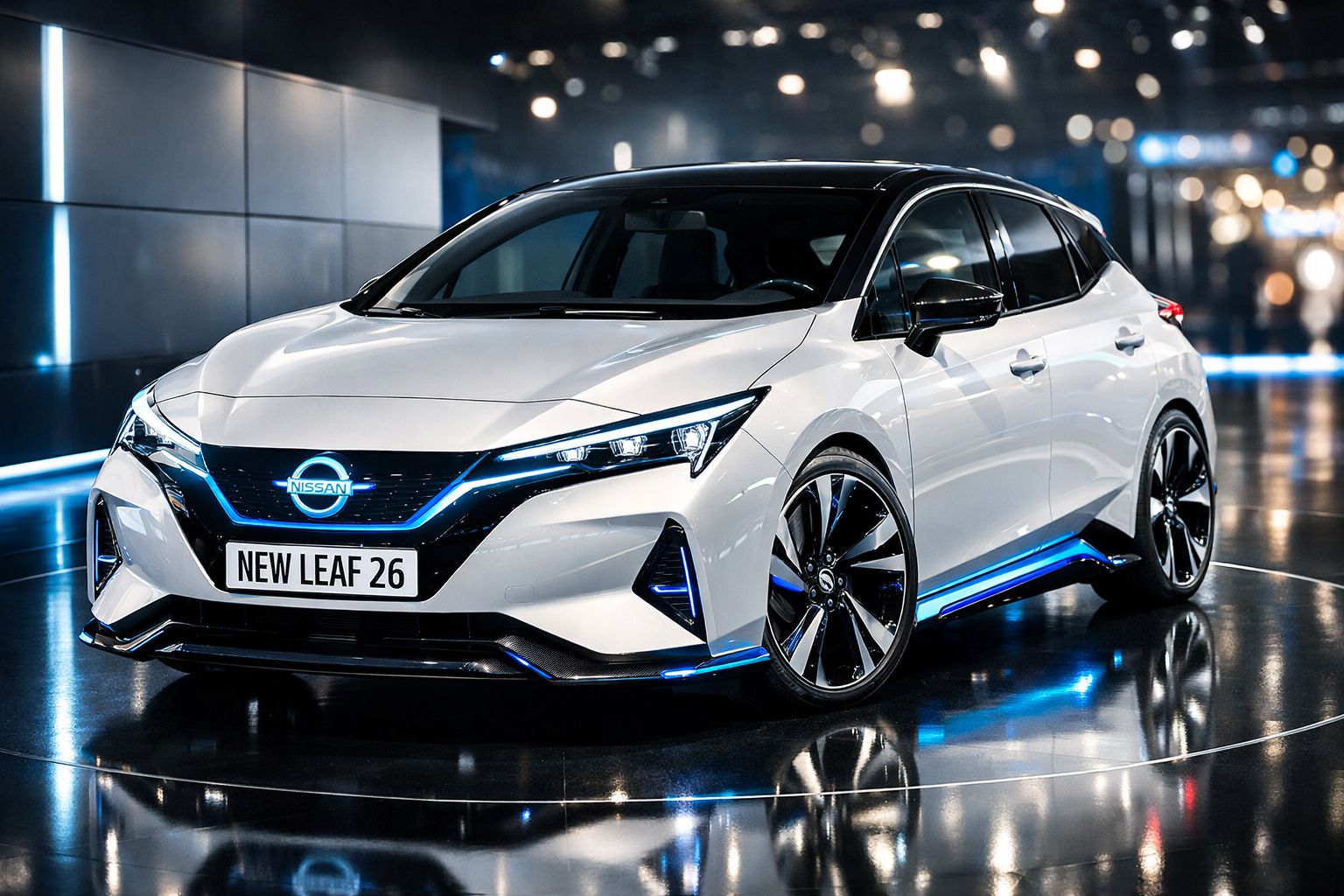 Carro elétrico Nissan Leaf branco com detalhes azuis em exibição num ambiente moderno e iluminado.