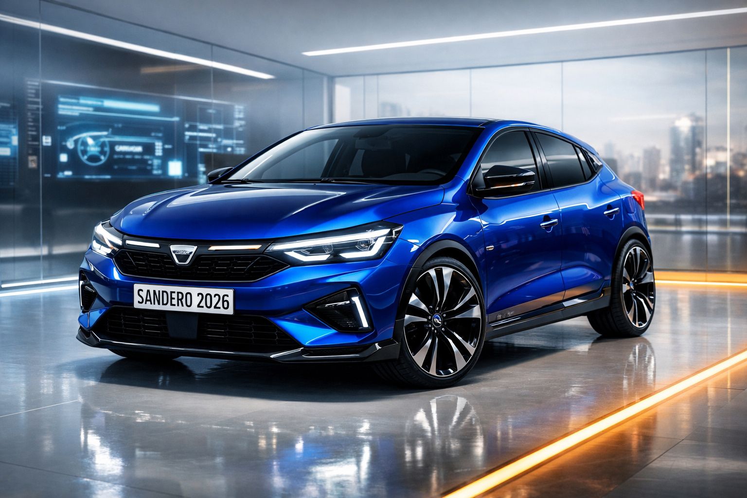 Carro desportivo azul Dacia Sandero 2026 estacionado em ambiente futurista e luminoso.