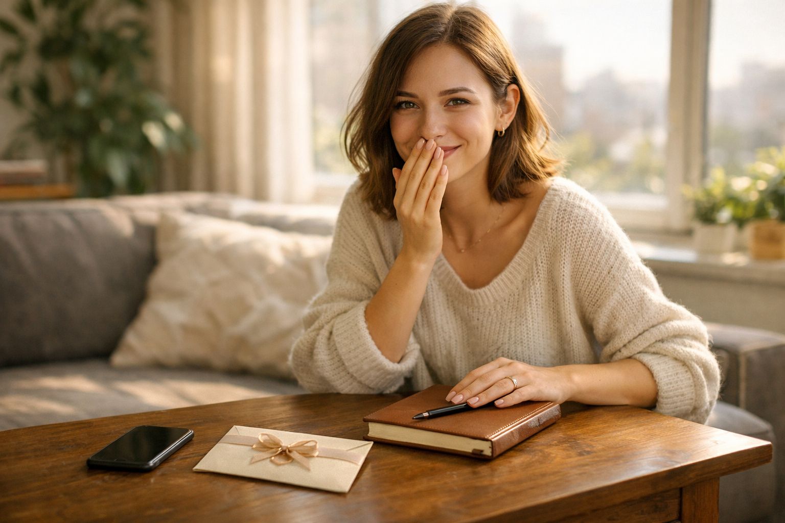 Mulher sorridente sentada à mesa com caderno, envelope decorado e telemóvel num ambiente acolhedor junto à janela.