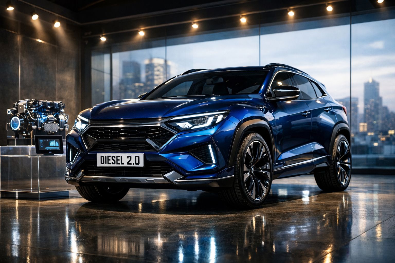 Automóvel SUV azul metálico estacionado em interior moderno com motor Diesel 2.0 exposto ao lado.