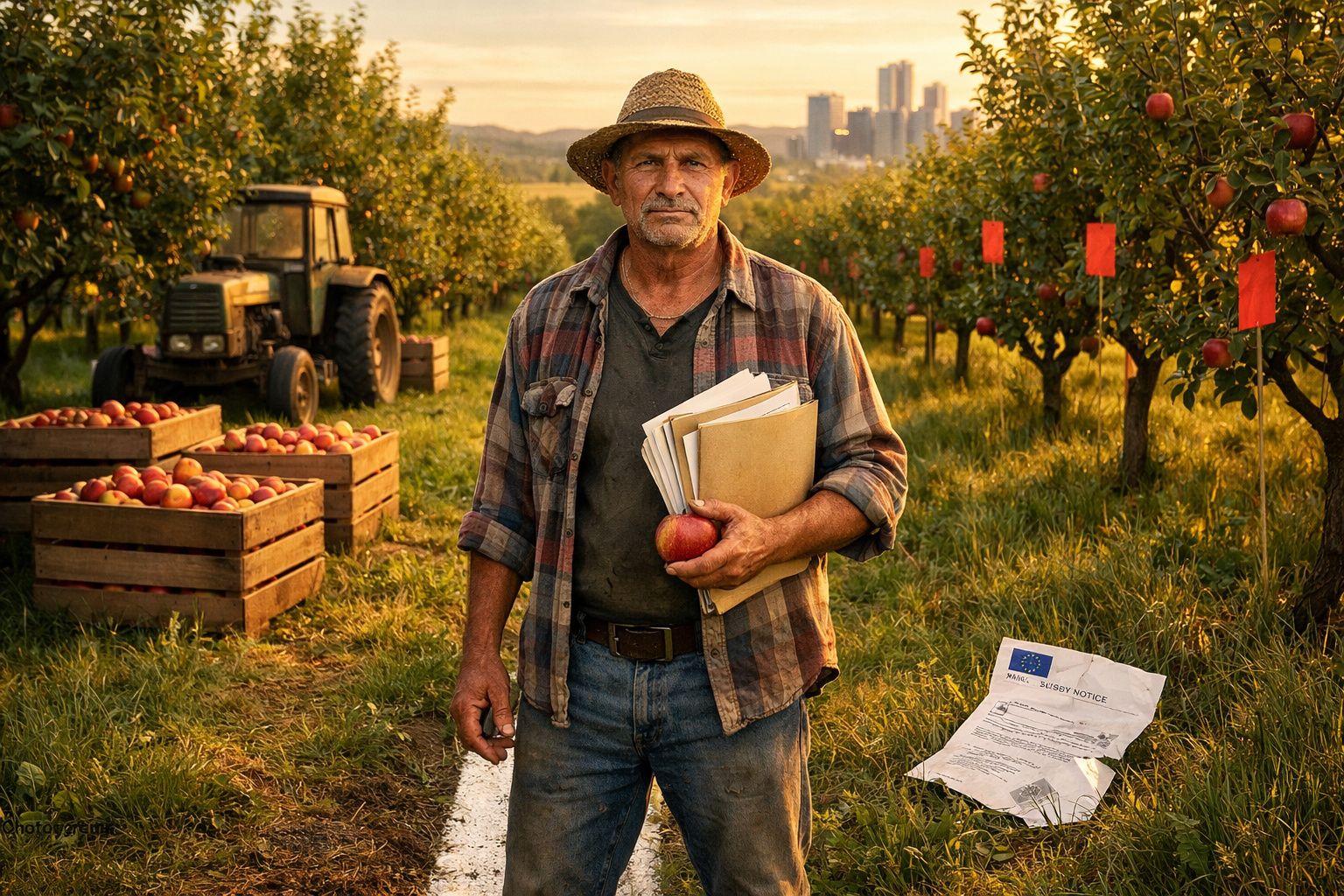 Agricultor com chapéu e documentos na mão numa pomar de maçãs com tratores e caixas de fruta ao fundo.