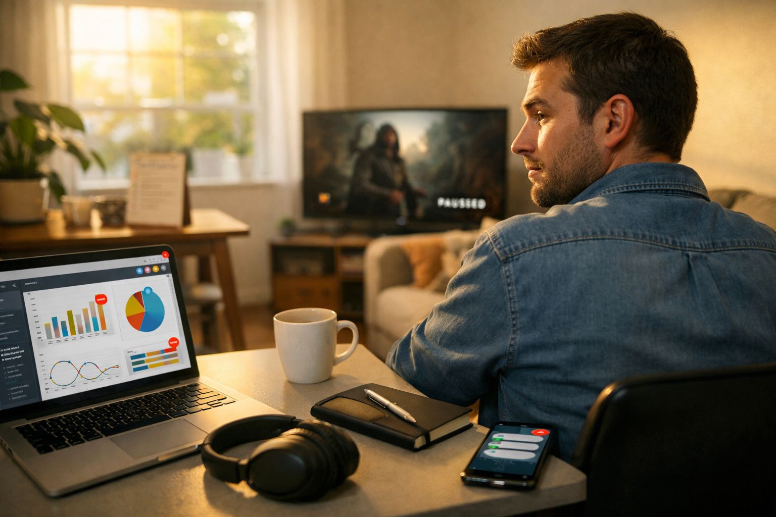 Homem sentado a olhar para a televisão numa sala com computador portátil, telemóvel, caderno e caneca na mesa.