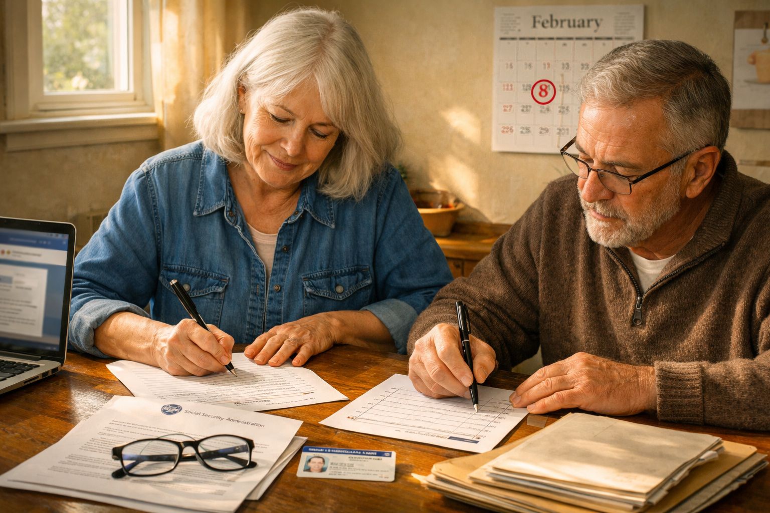 Casal sénior sentado à mesa a preencher documentos com computador e documentos pessoais à sua frente.