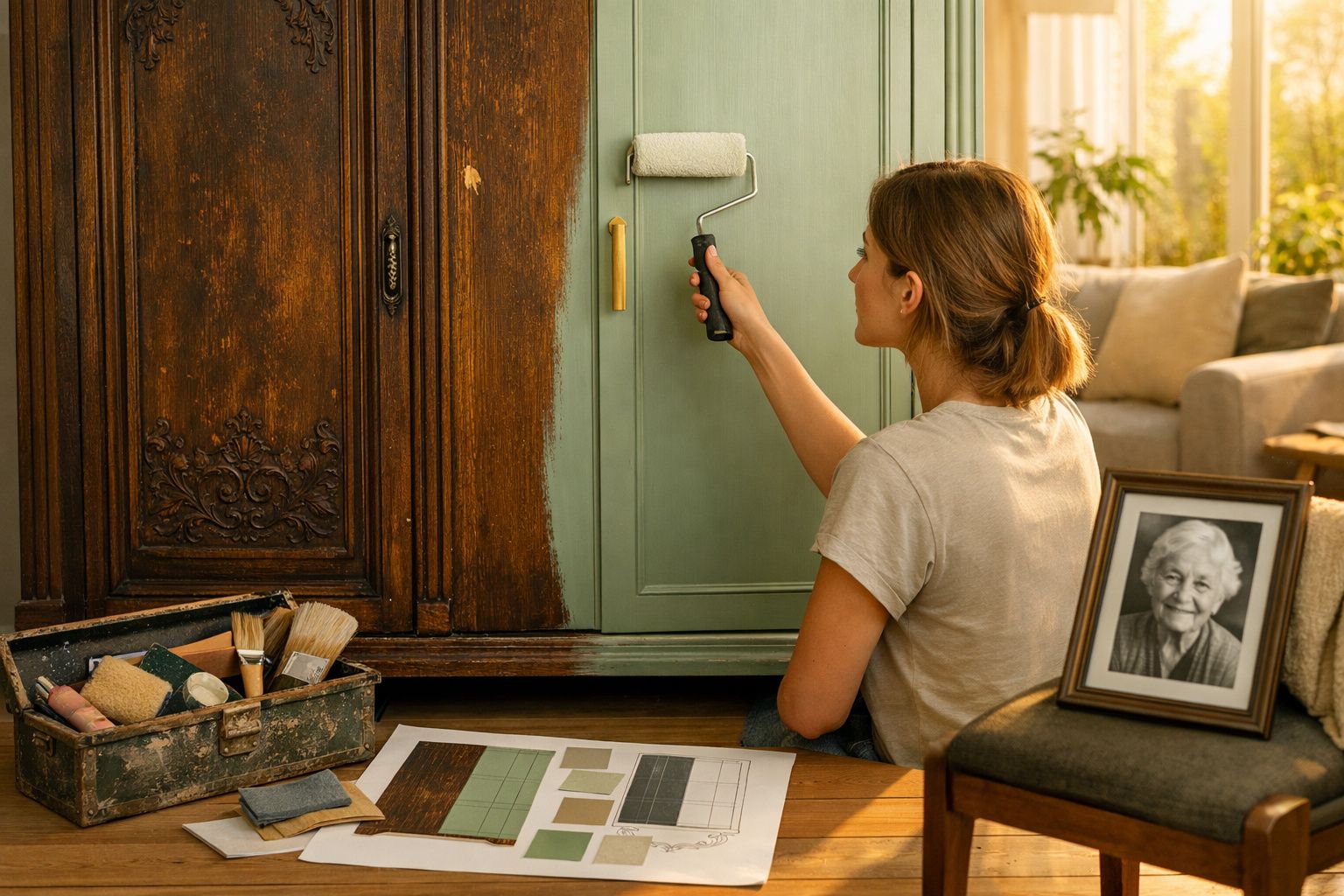Mulher a pintar de verde uma mobília antiga com trinchas e rolo numa sala acolhedora.