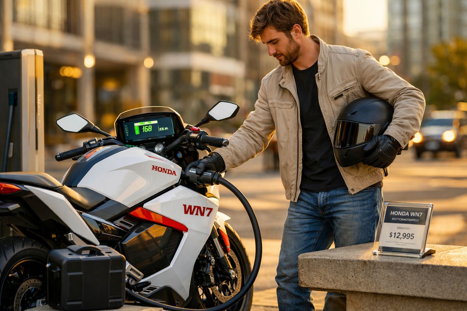 Homem a abastecer motocicleta elétrica Honda WN7 numa bomba de carregamento urbano ao pôr do sol.