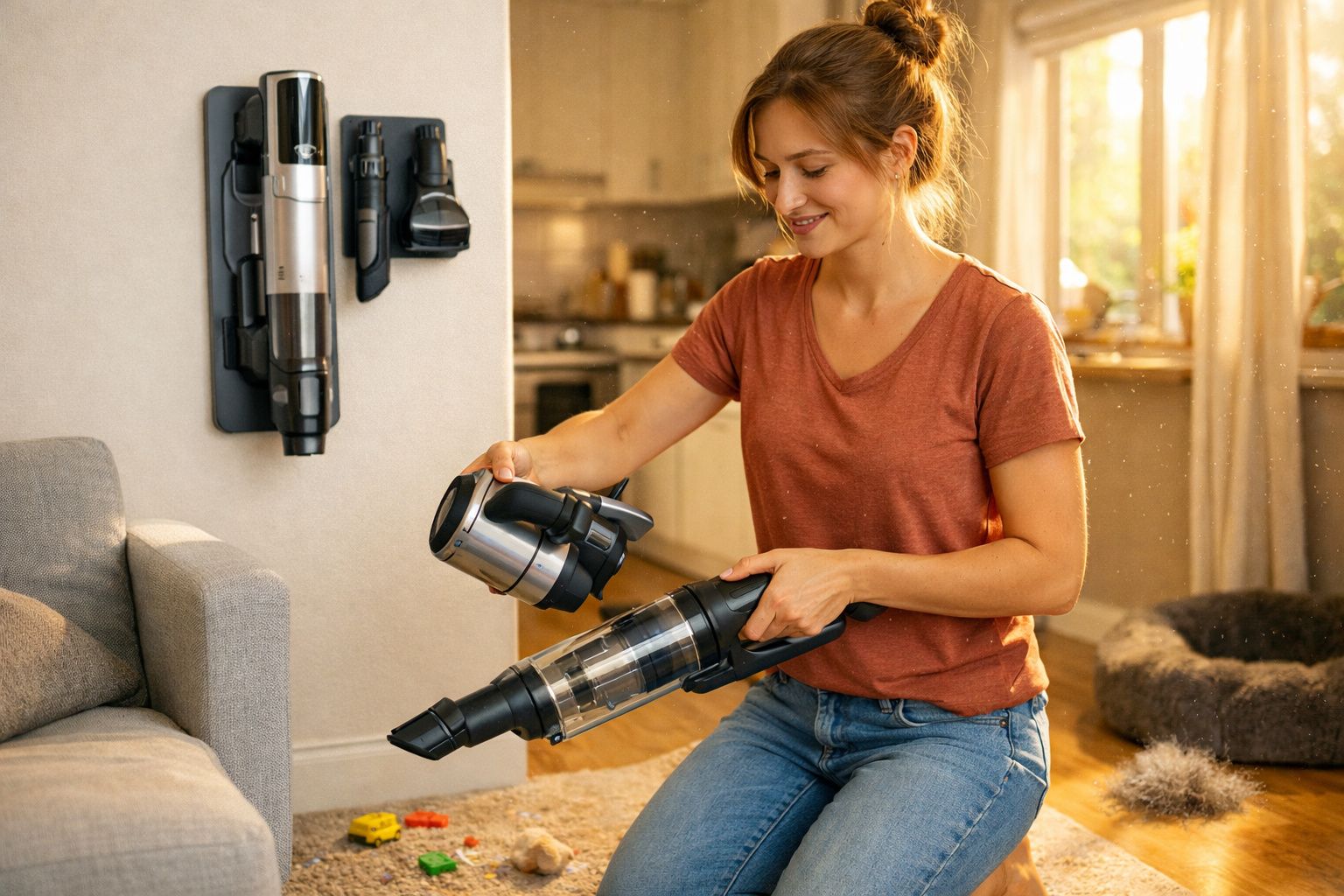 Mulher a desmontar aspirador sem fio numa sala iluminada e acolhedora.