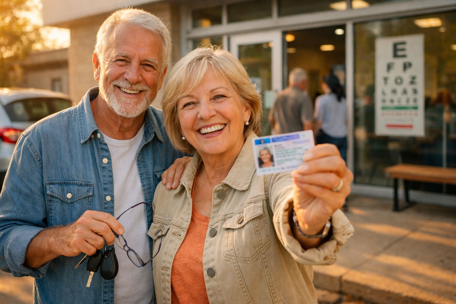 Casal idoso sorridente mostra licença de condução em frente a clínica de oftalmologia ao pôr do sol.