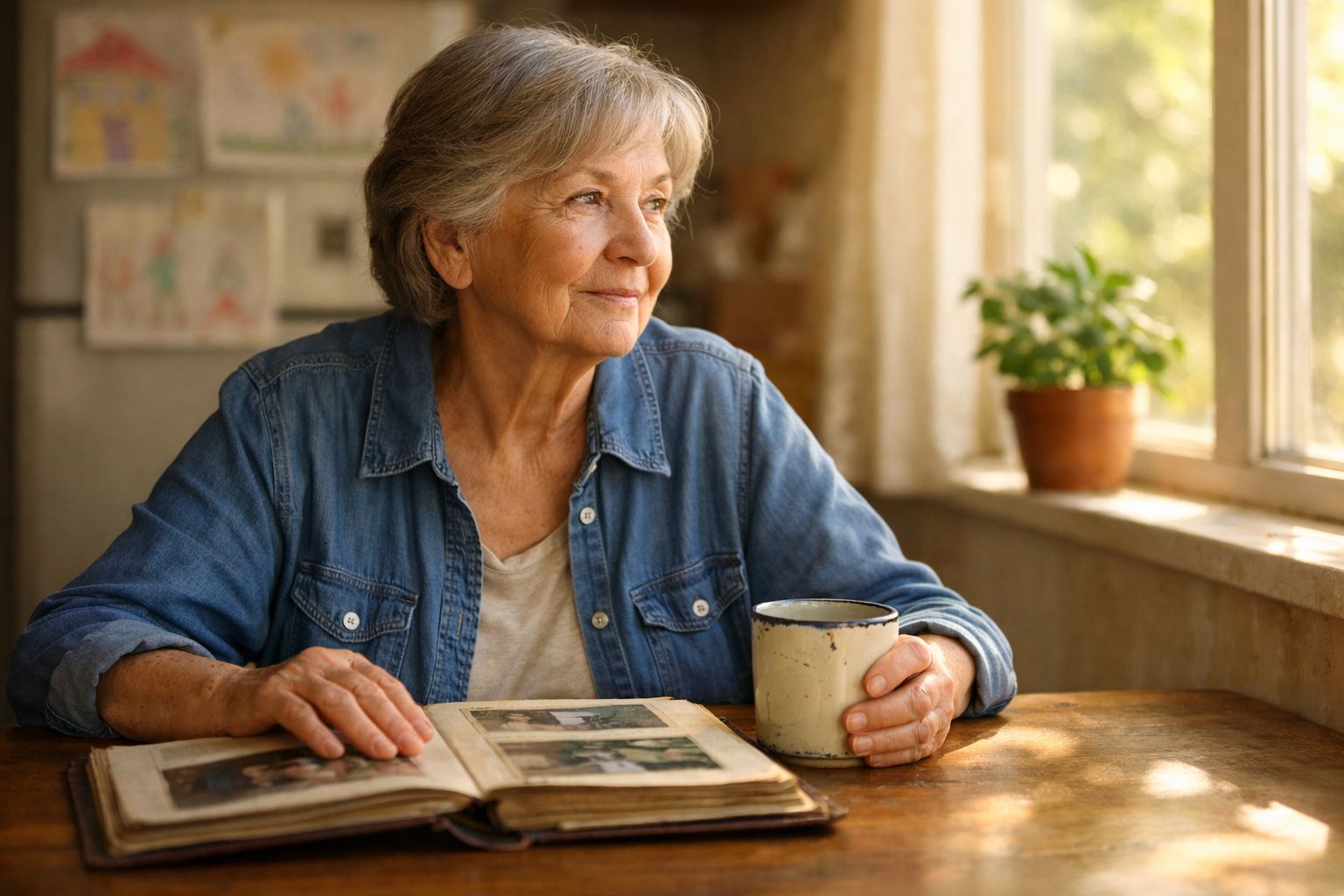Mulher idosa olha pela janela, segurando uma caneca, com um álbum de fotos aberto à sua frente.