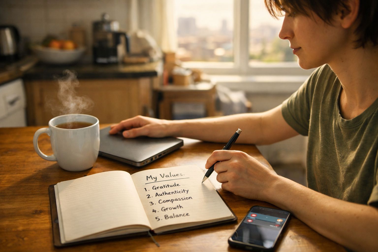 Pessoa a escrever num caderno sobre valores pessoais com uma chávena de café fumegante ao lado numa mesa.