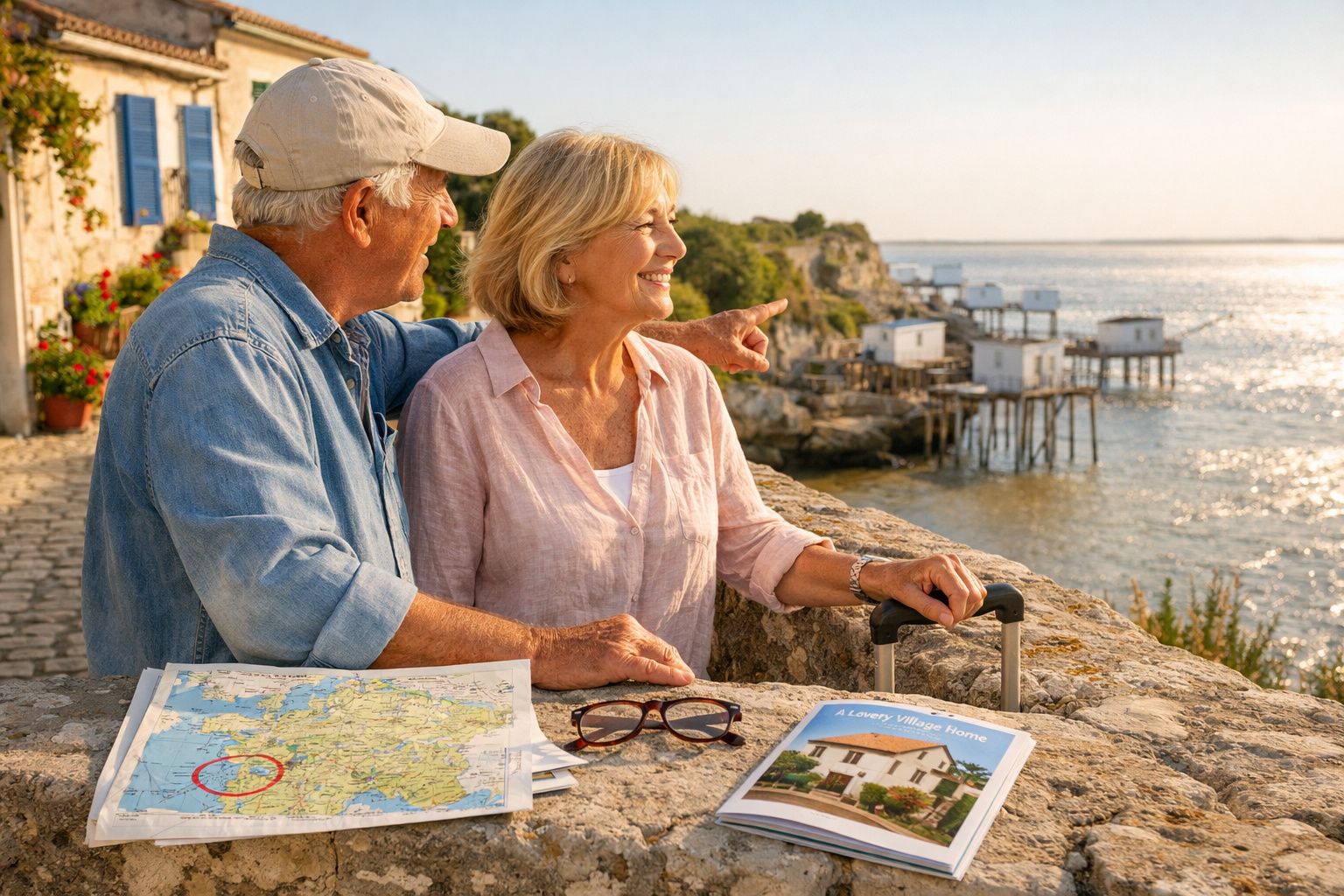Casal sénior junto a um mapa e guia de viagem, apreciando a paisagem costeira com casas de pescadores.