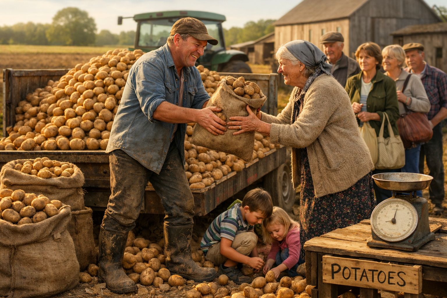 Agricultor entrega saco de batatas a mulher, com crianças e adultos à espera perto de uma carreta cheia de batatas.