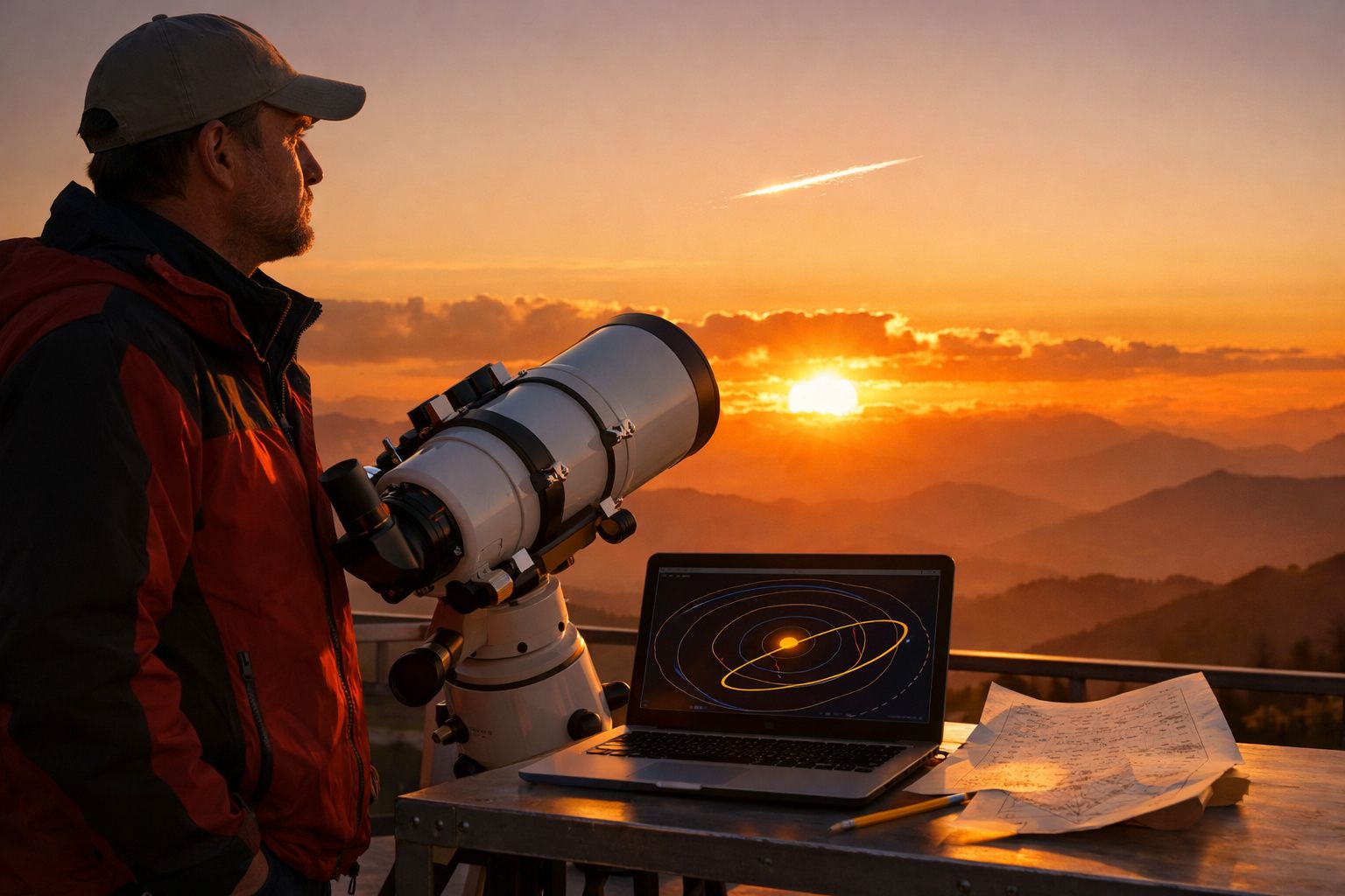 Homem observa o pôr do sol com telescópio e computador mostrando órbitas solares em ambiente montanhoso.