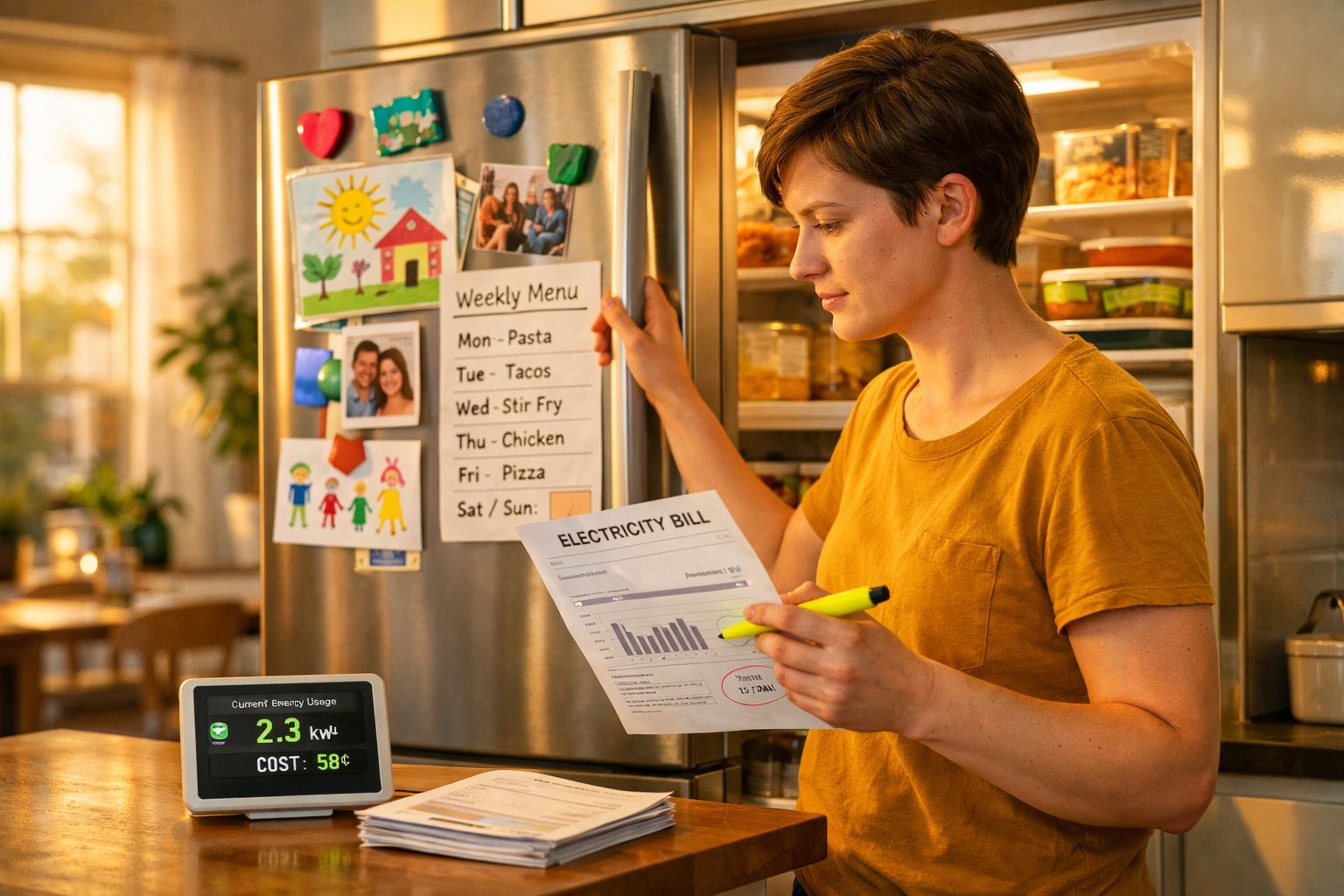 Pessoa a analisar fatura de eletricidade na cozinha com menu semanal no frigorífico ao fundo.