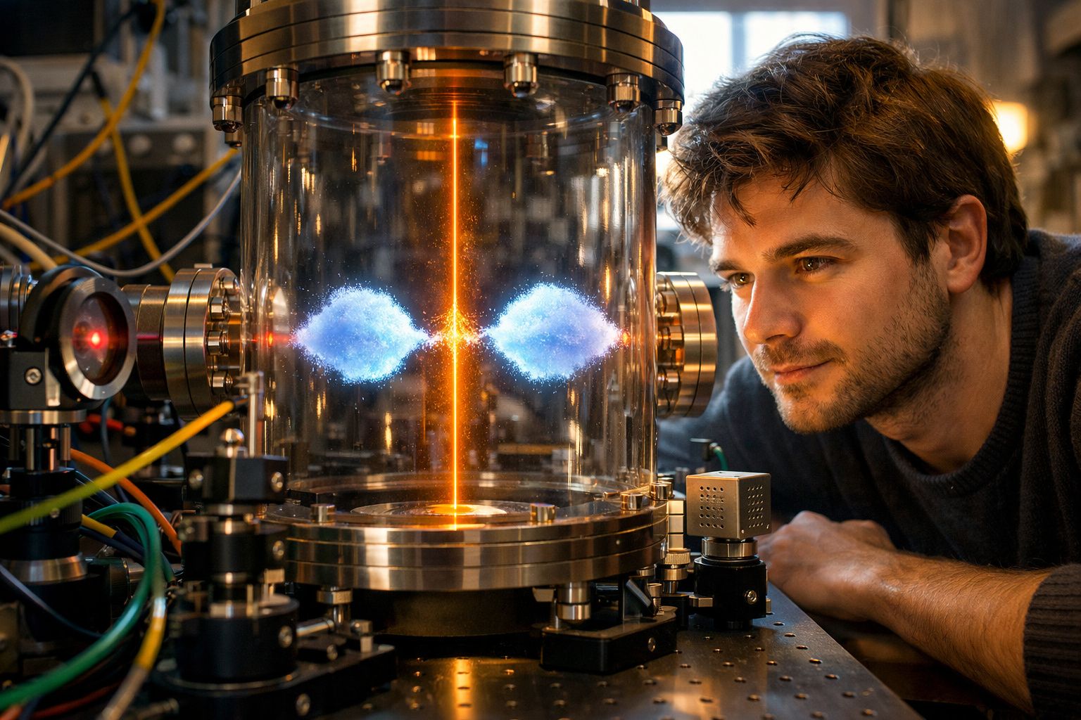 Cientista observa experimento em câmara transparente com feixes de luz e partículas azuis brilhantes.