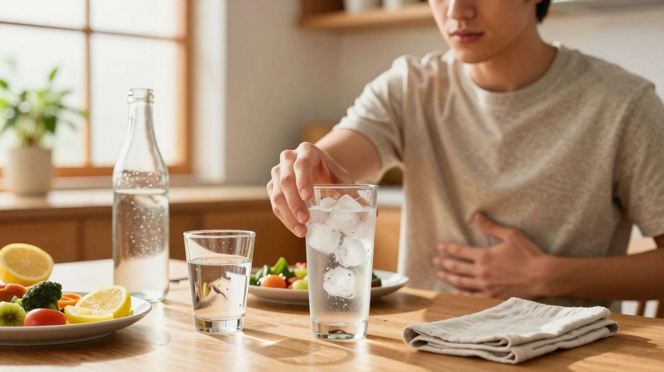 Pessoa a segurar copo com gelo, tocando o estômago, com pratos de frutas e legumes na mesa.