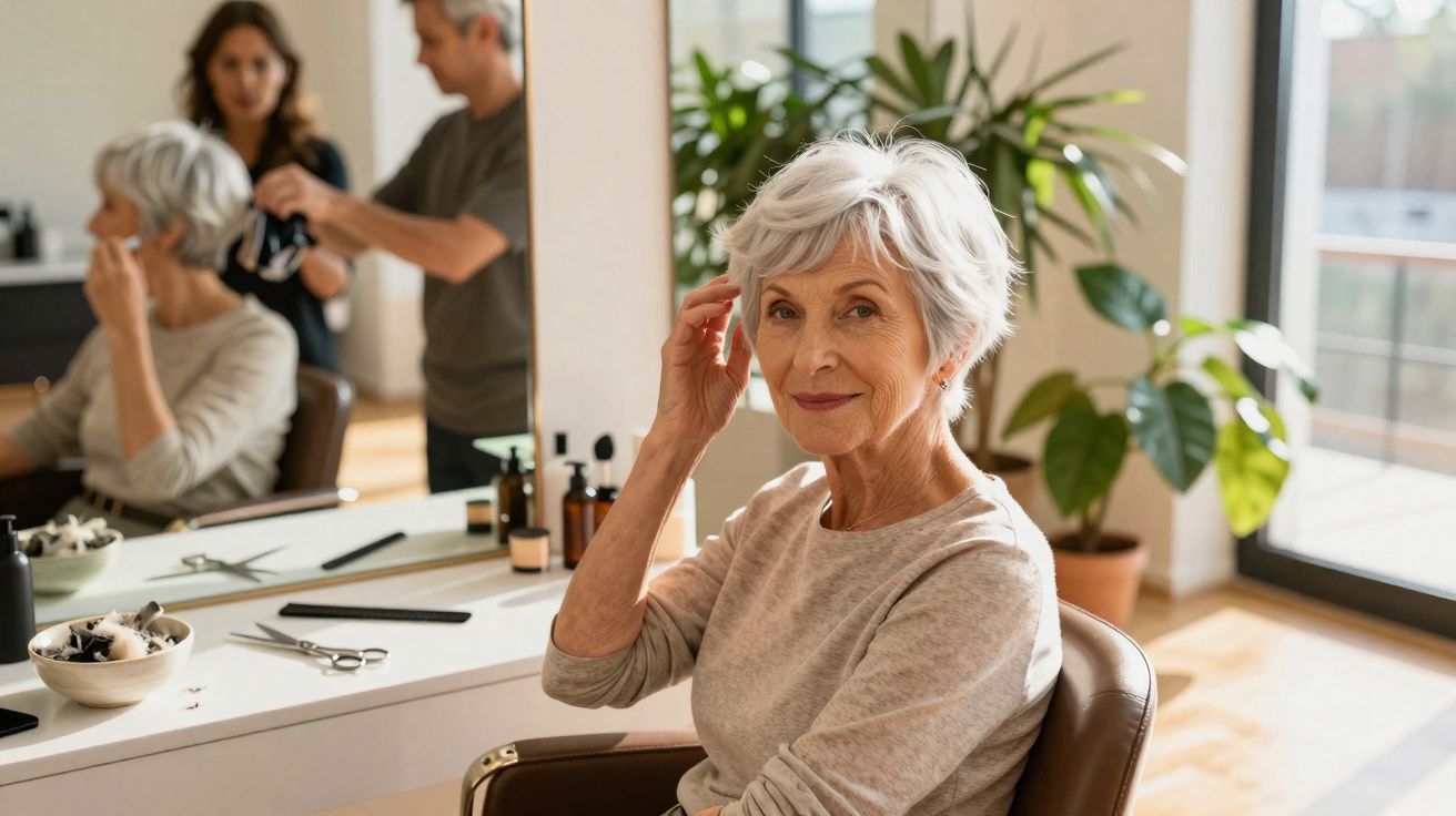 Idosa sorridente sentada no cabeleireiro enquanto um cabeleireiro corta o cabelo ao fundo.