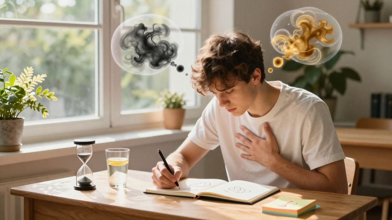 Jovem sentado a desenhar pensando em sentimentos negativos e positivos representados por nuvens coloridas.