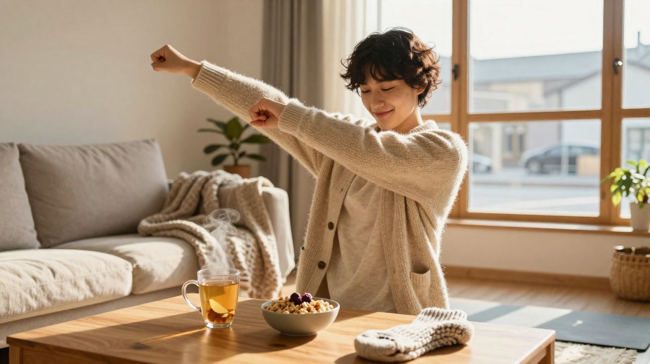 Mulher a espreguiçar-se sentada numa sala iluminada com chá quente e tigela de cereais numa mesa de madeira.