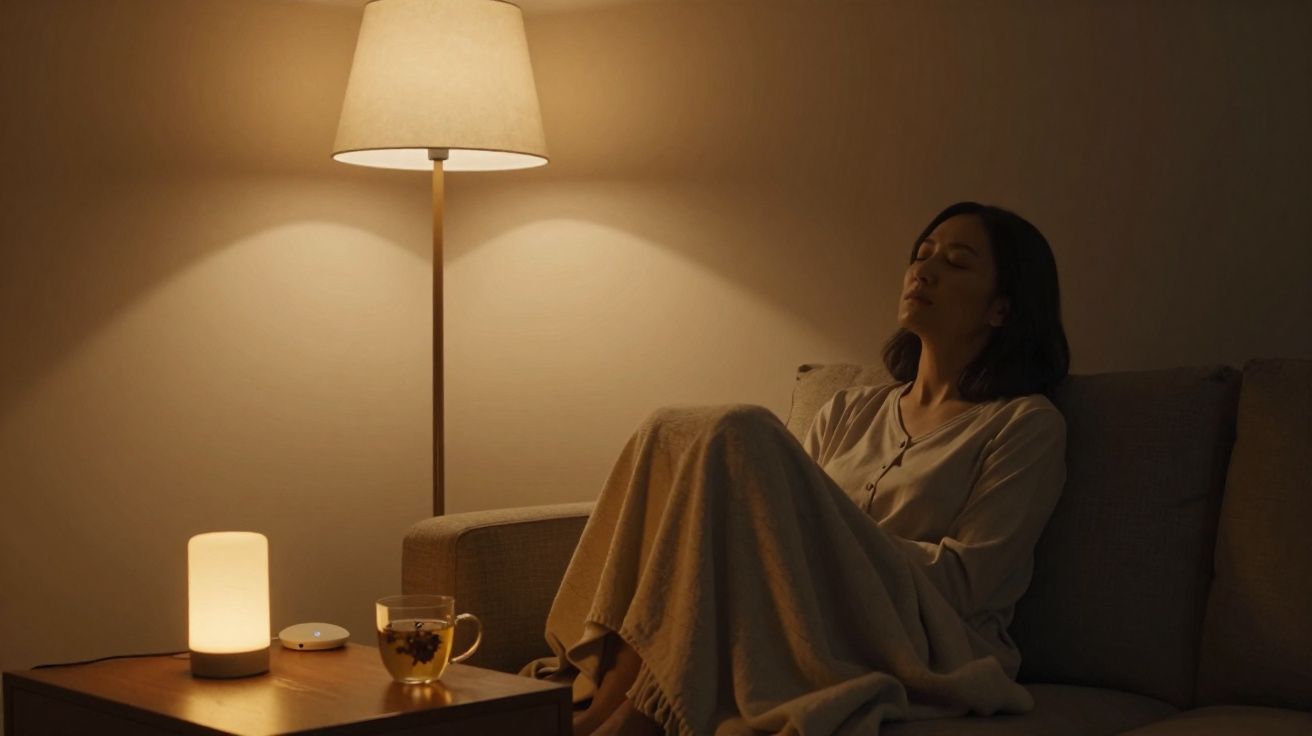 Mulher sentada no sofá com olhos fechados, coberta por manta, luz suave de candeeiros ao lado.